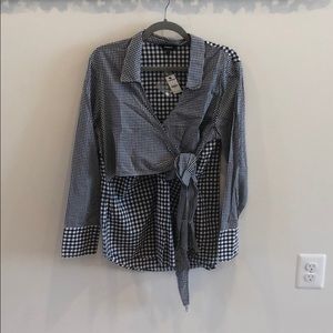 NWT Blue Mixed Gingham Tie Front Surplice Shirt. L
